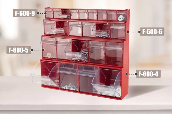 Короб откидной Стелла-техник F-600-5 , 600х140х168мм, 5 ячеек, красный, прозрачный